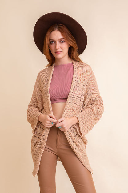 Leto Collection boho knit cardigan in beige with open front and relaxed fit for stylish layering
