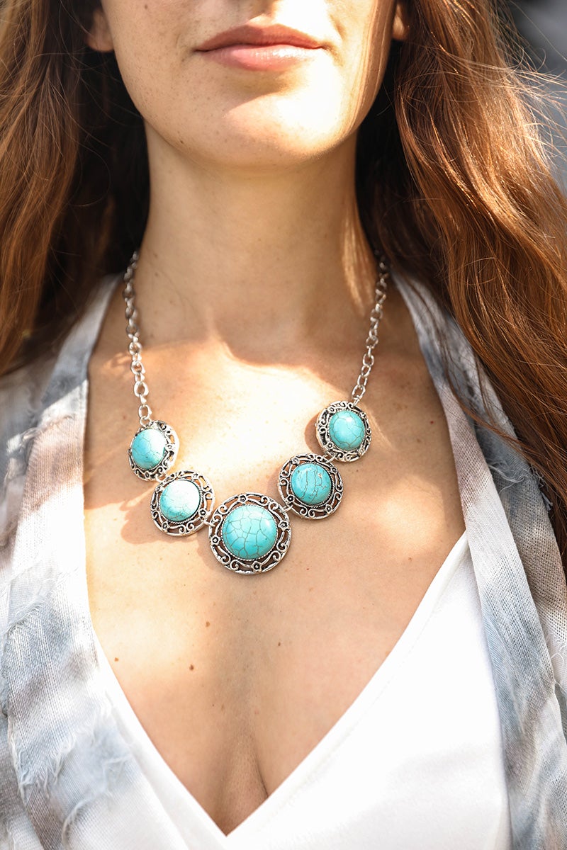 Leto Collection Boho Necklace, Boho Chic Jewelry, Spiritual turquoise stone silver filigree statement necklace on model
