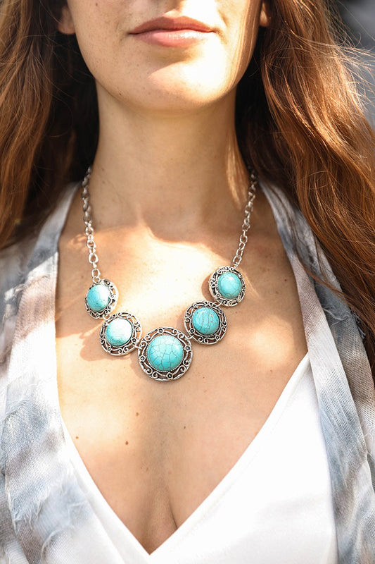 Leto Collection Boho Necklace, Boho Chic Jewelry, Spiritual turquoise stone silver filigree statement necklace on model