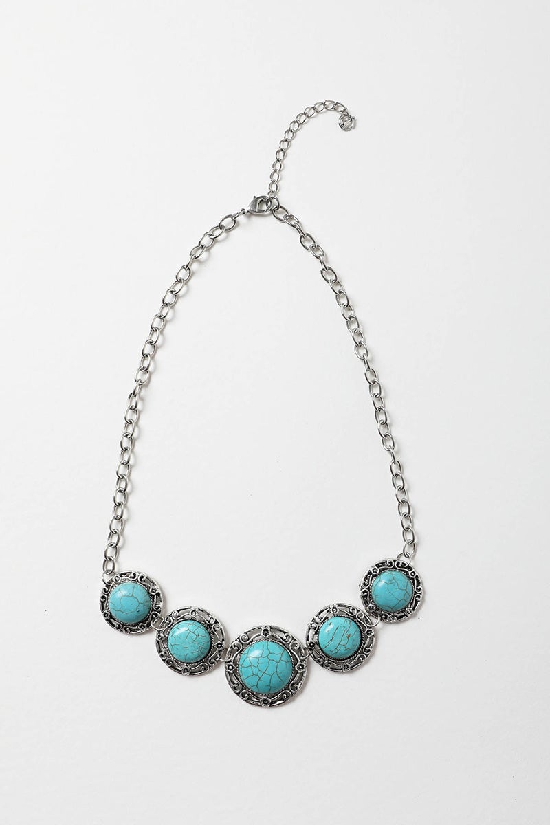 Leto Collection silver chain necklace with five turquoise cabochons in ornate bezels Boho Necklace, Boho Chic Jewelry, Spiritual