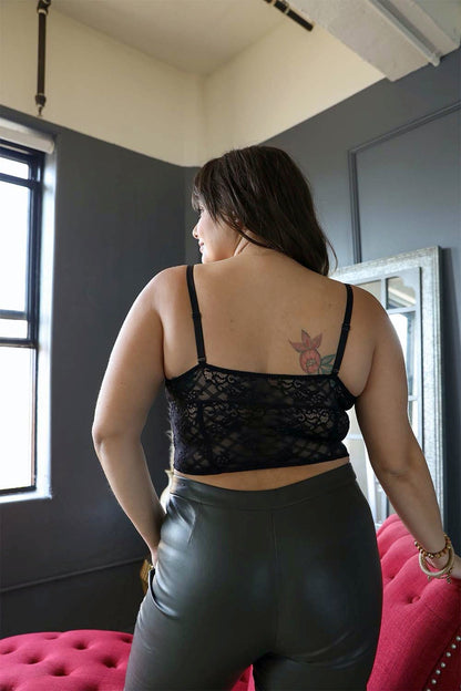 Leto Collection lace longline corset bralette plus size showcasing a back view on a model in a stylish setting