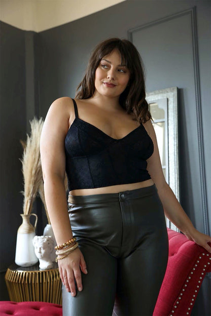 Leto Collection lace longline corset bralette plus size in black, featuring adjustable straps and soft lace fabric