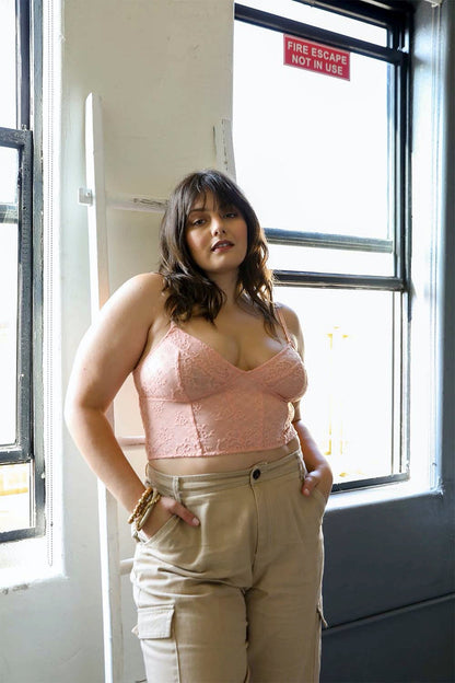 Leto Collection lace longline corset bralette plus size in soft pink with adjustable straps and a stylish fit