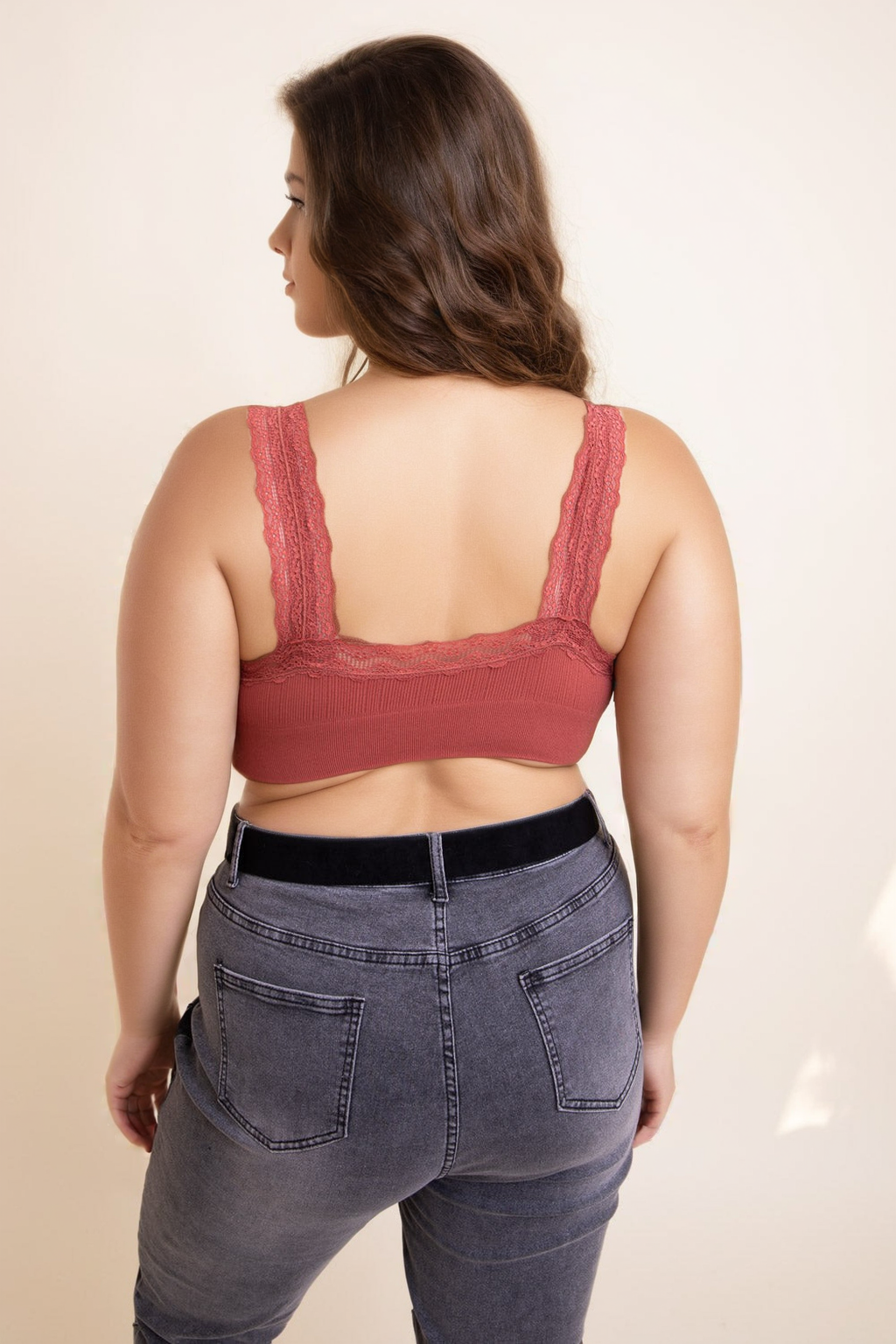 Plus size lace bralette in rust color with wide lace straps for comfortable everyday wear