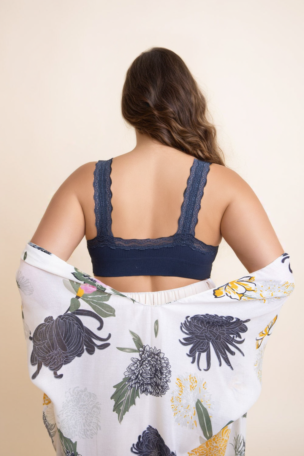 Navy plus size lace bralette with scalloped straps and delicate floral design