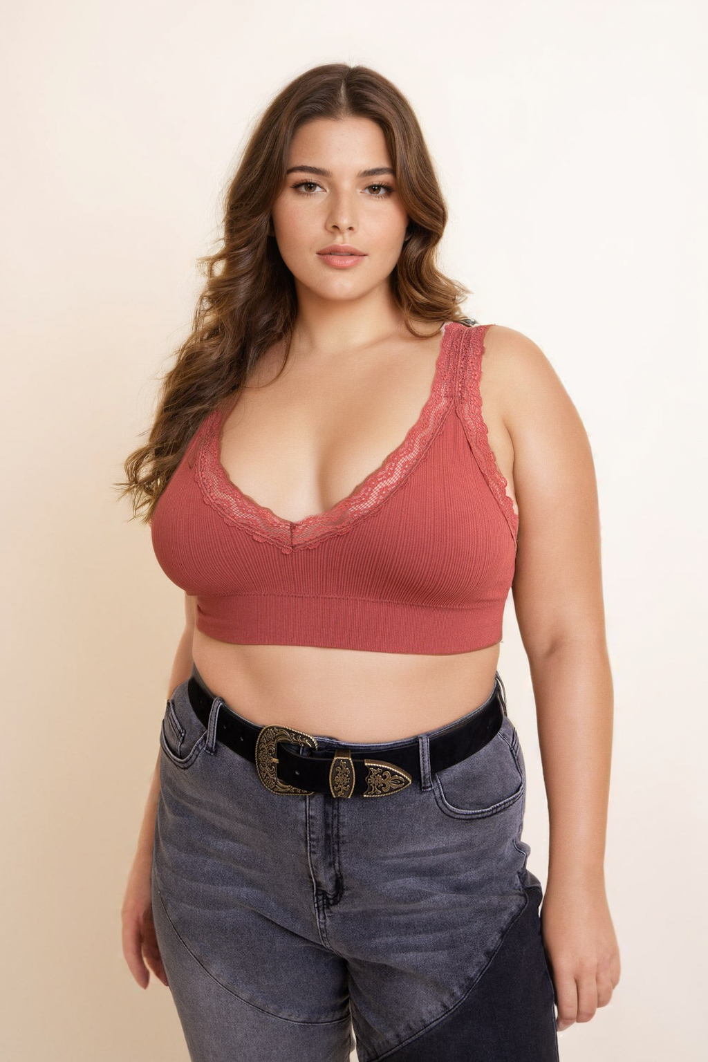 Plus size lace bralette in rust color with a flattering v-neck and soft lace detailing
