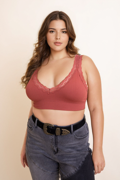 Plus size lace bralette in rust color with a flattering v-neck and soft lace detailing