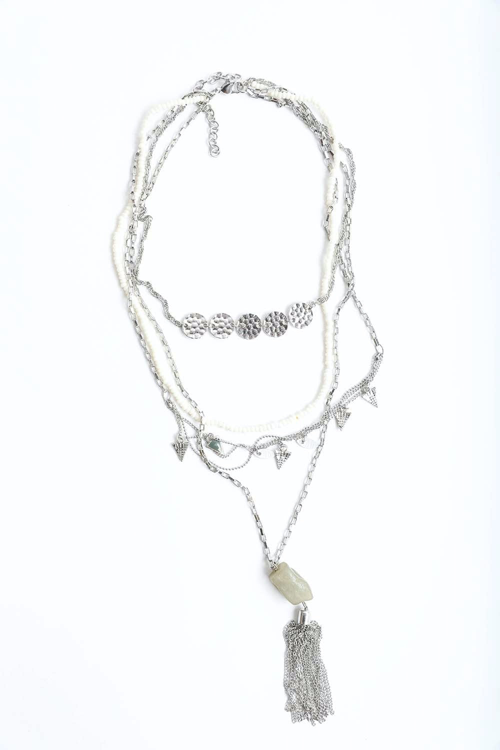 Leto Collection layered silver Boho Necklace, Boho Chic Jewelry, Spiritual pendant with stone bead and tassel