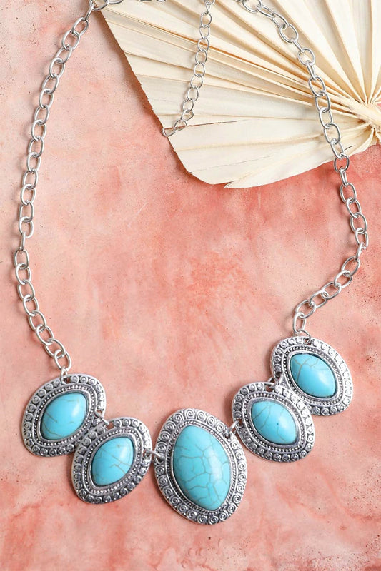 Silver statement necklace with five turquoise oval stones in ornate settings Boho Necklace, Boho Chic Jewelry, Spiritual