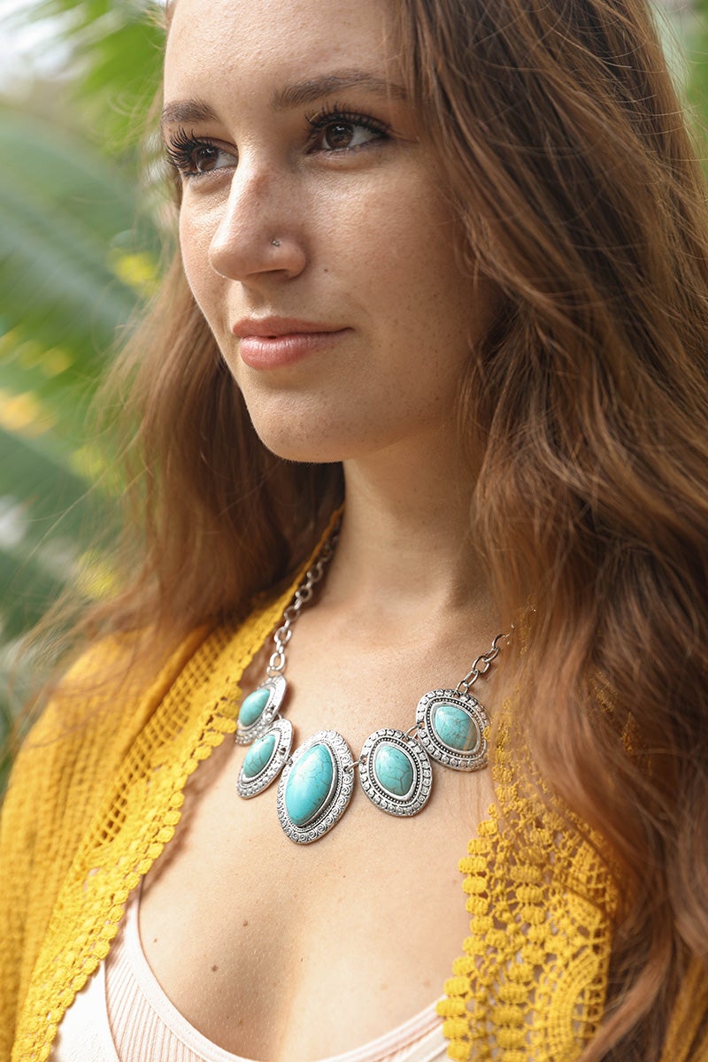 Leto Collection turquoise stone Boho Necklace, Boho Chic Jewelry, Spiritual silver statement necklace on model