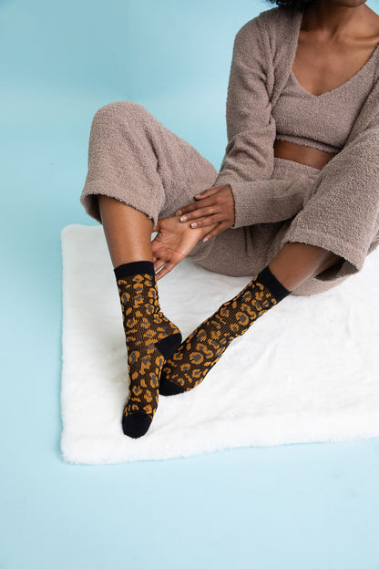 Leto Collection leopard knit socks in brown and black pattern perfect for casual comfort
