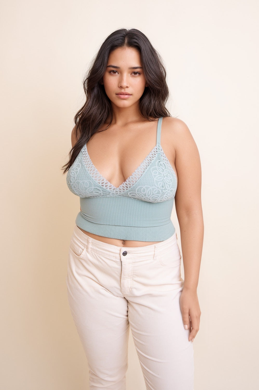 Leto Collection plus size lace brami in soft blue with a flattering v-neck design and comfortable fit