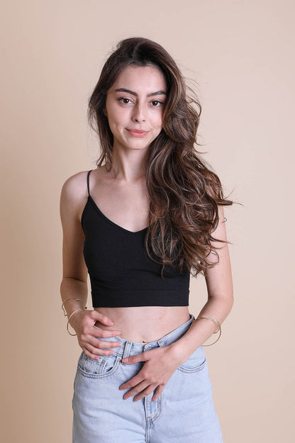 Leto Collection Low Back Brami Top in Black with Spaghetti Straps and Fitted Design