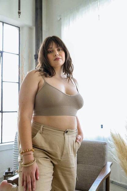 Leto Collection Plus Size Low Back Bralette in beige, designed for comfort and style with adjustable straps