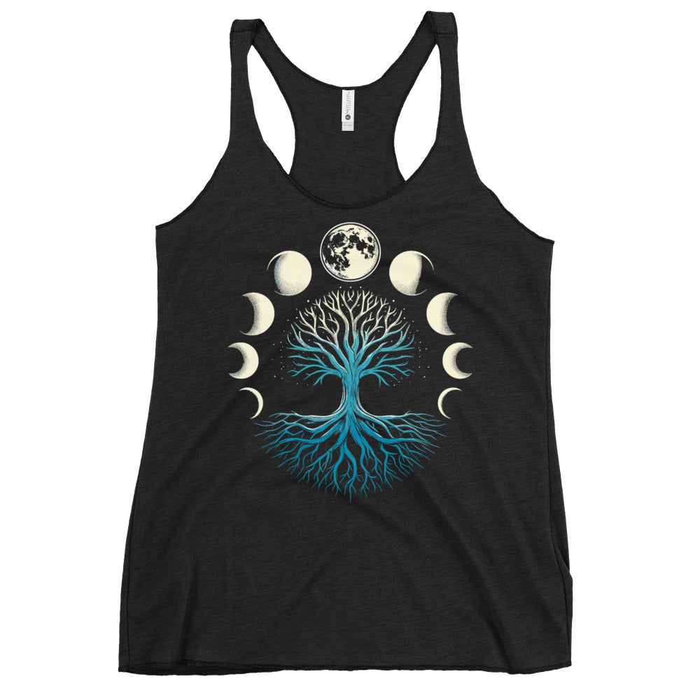 Black racerback tank with moon phases and blue tree graphic for yoga practice Yoga Tank, Yoga Shirt, Yoga Apparel