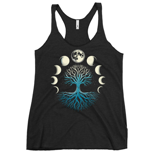 Black racerback tank with moon phases and blue tree graphic for yoga practice Yoga Tank, Yoga Shirt, Yoga Apparel