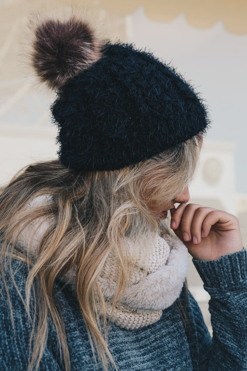 Mohair Fur Knit Pom Beanie-Soul Flow Apparel