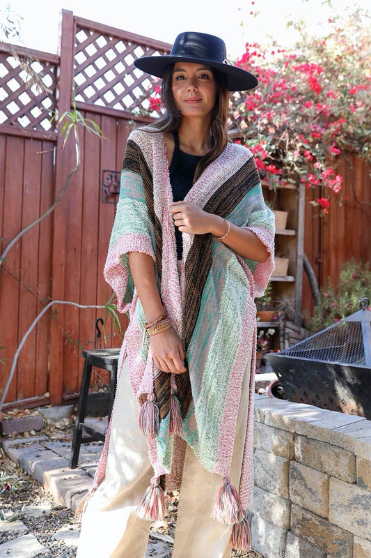 Multi-color Striped Tassel Poncho-Soul Flow Apparel