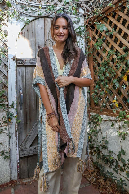 Multi-color Striped Tassel Poncho Ponchos Yellow