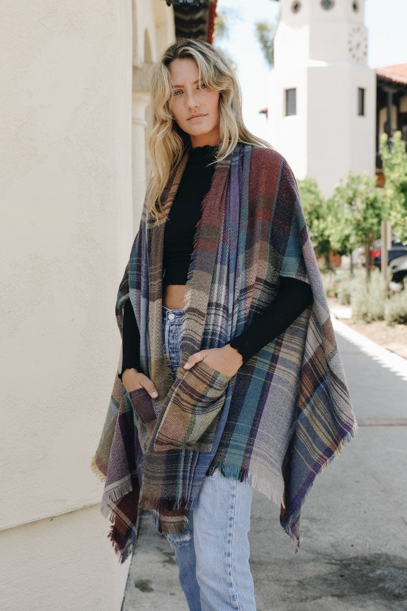 Multicolor Plaid Pocket Ruana-Soul Flow Apparel