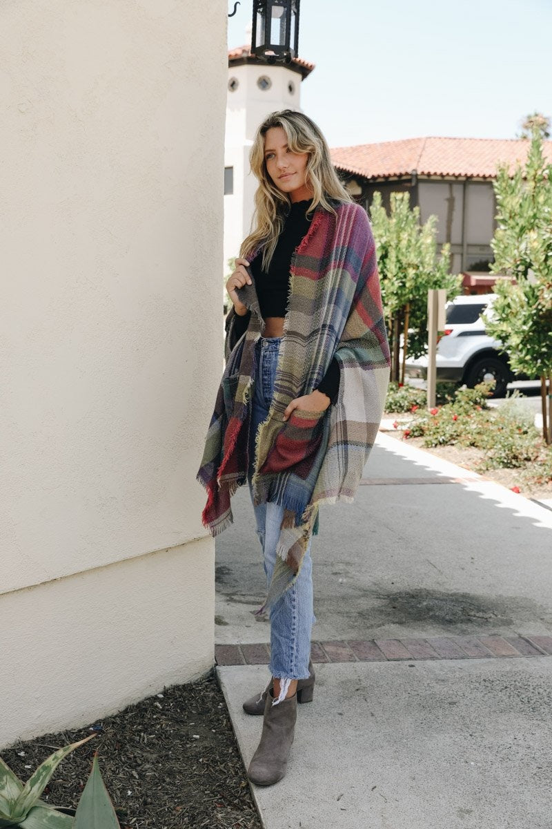 Multicolor Plaid Pocket Ruana-Soul Flow Apparel