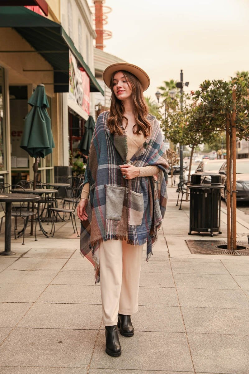 Multicolor Plaid Pocket Ruana-Soul Flow Apparel