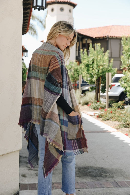 Multicolor Plaid Pocket Ruana Ponchos