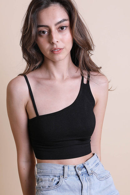 Leto Collection Boho Offset Shoulder Brami Top in Black with a Stylish Cropped Design