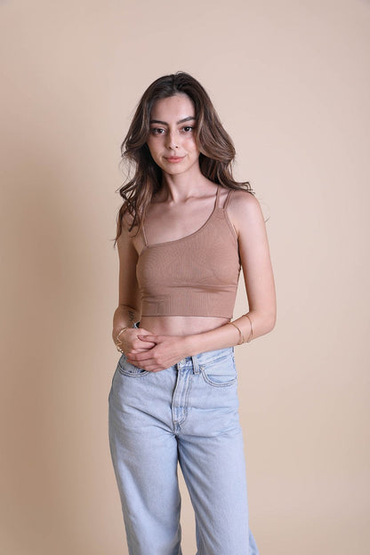 Leto Collection Boho Offset Shoulder Brami Top in Beige, perfect for casual and stylish outfits