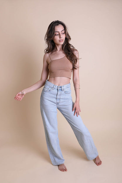 Leto Collection Boho Offset Shoulder Brami Top in brown, paired with light blue jeans for a stylish look