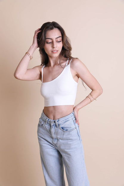 Leto Collection boho offset shoulder brami top in white, paired with high-waisted jeans for a stylish look