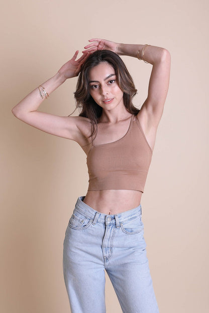 Leto Collection Boho Offset Shoulder Brami Top in Beige with a Comfortable and Stylish Fit