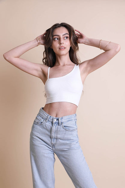 Leto Collection Boho Offset Shoulder Brami Top in White, styled with high-waisted jeans