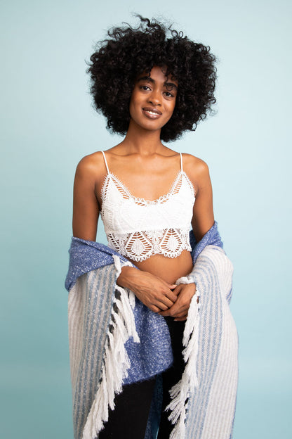 Leto Collection Boho Crochet Bralette in white featuring intricate lace detailing and adjustable straps