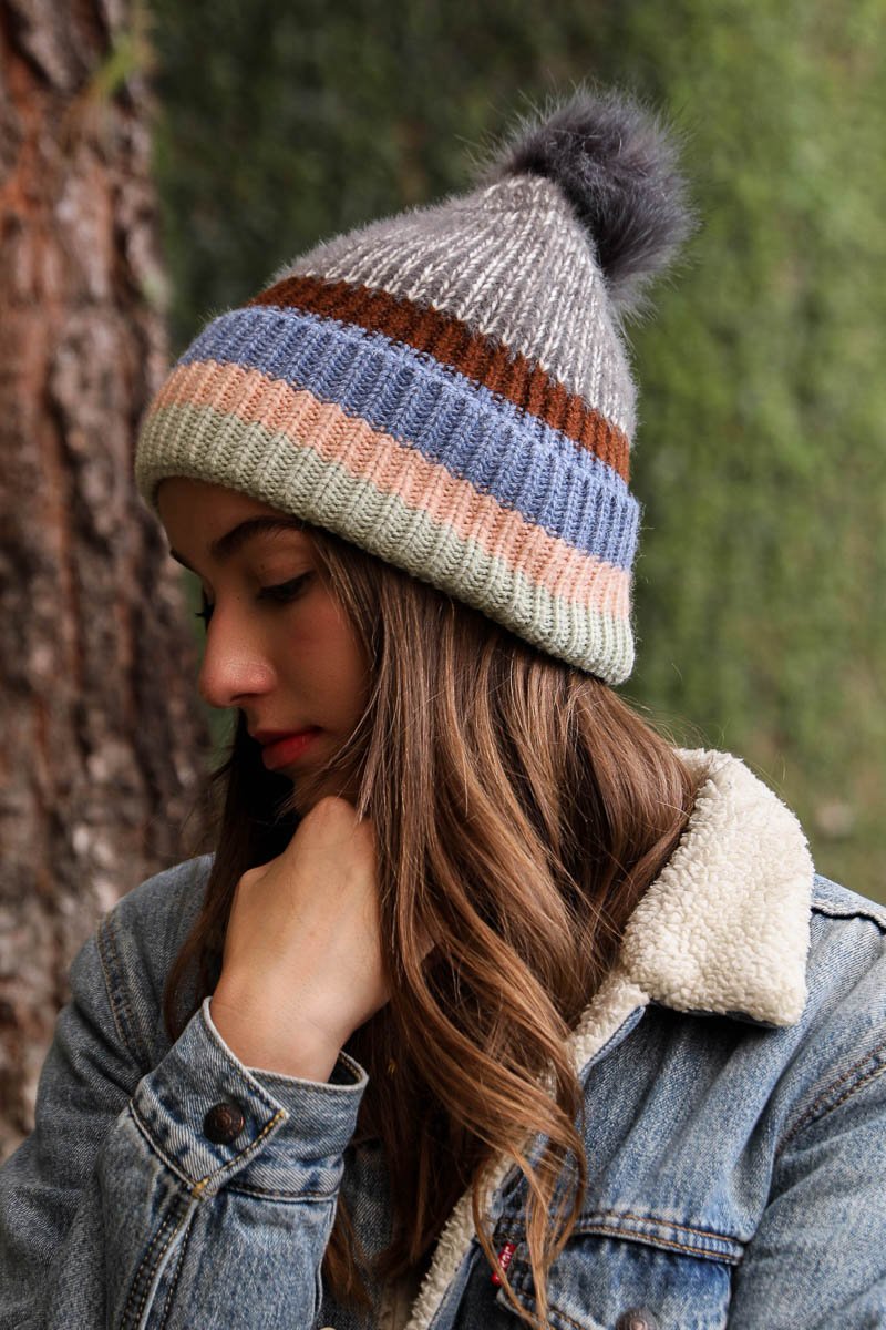 Hats & Hair - Pastel Stripe Knit Pom Beanie