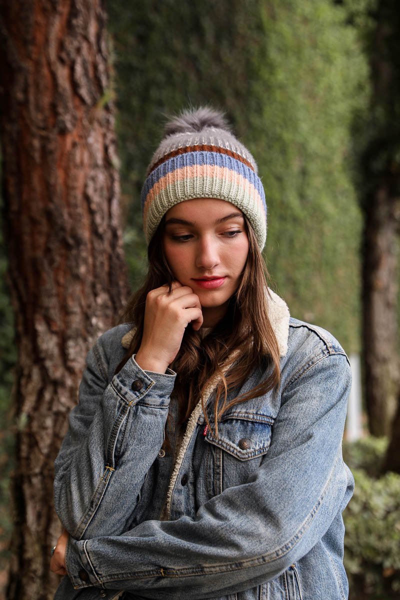 Hats & Hair - Pastel Stripe Knit Pom Beanie