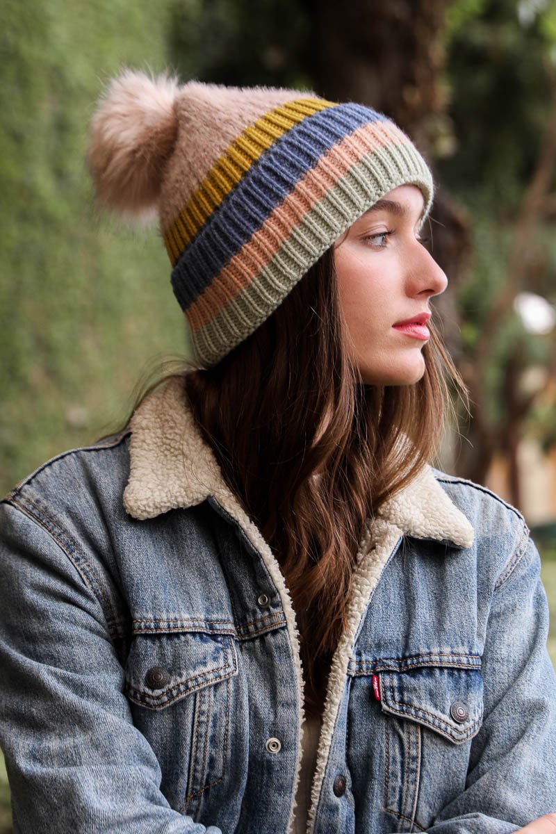 Hats & Hair - Pastel Stripe Knit Pom Beanie