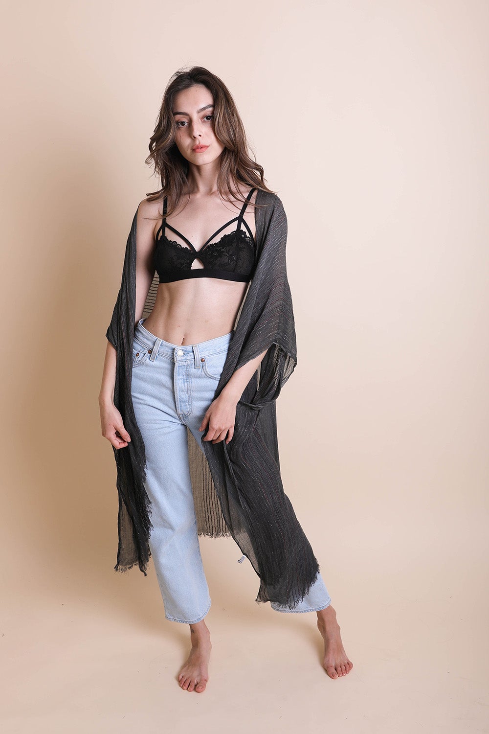 Pencil Stripe Lurex Trim Kimono-Soul Flow Apparel