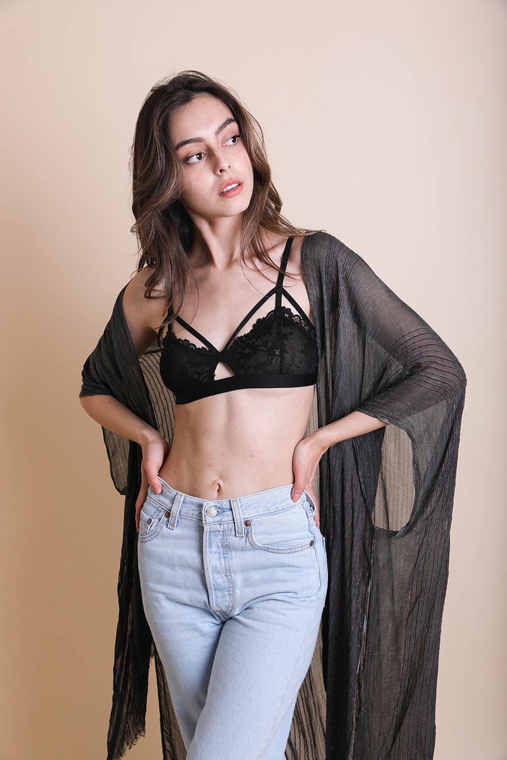 Pencil Stripe Lurex Trim Kimono-Soul Flow Apparel