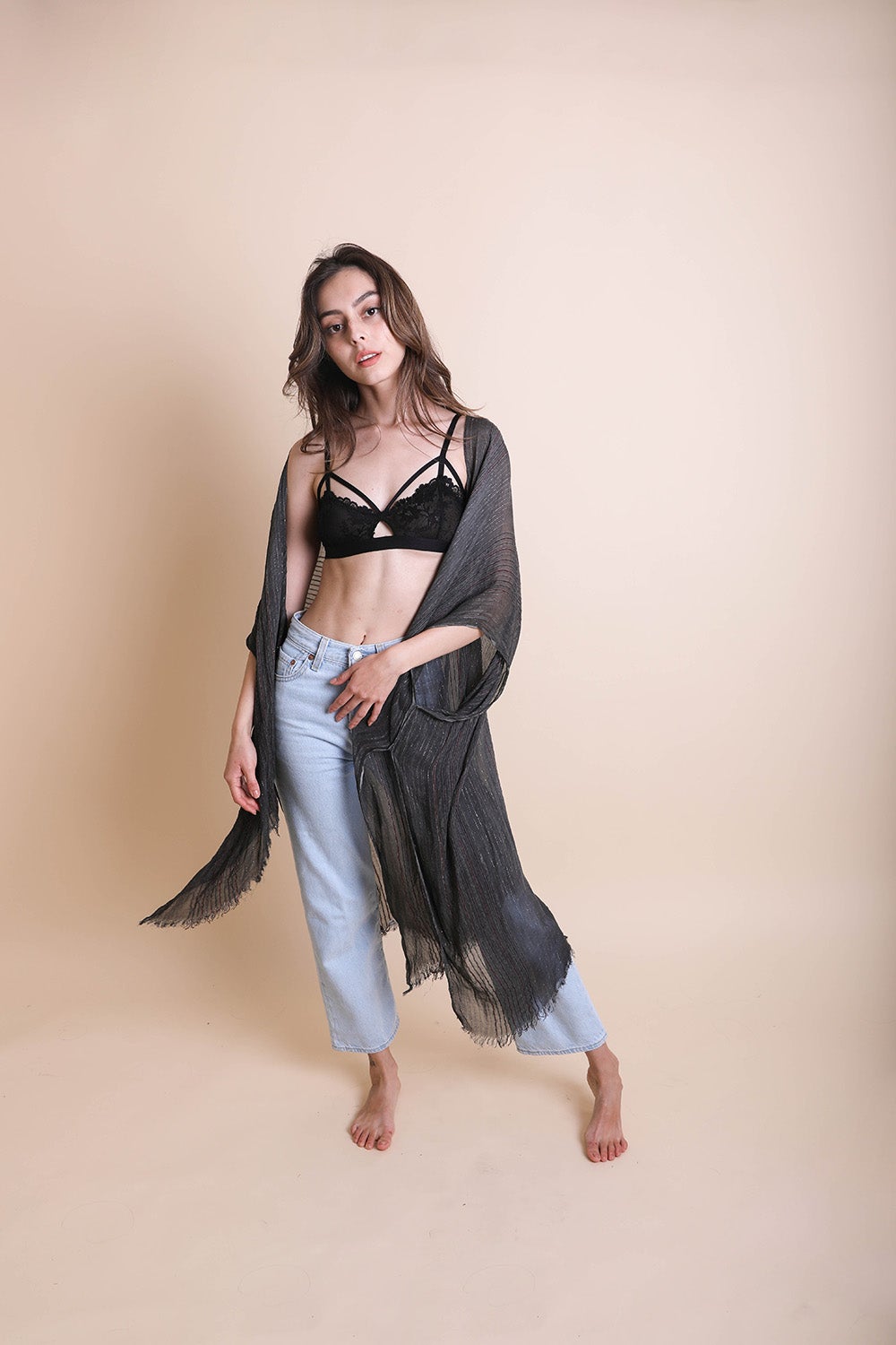 Pencil Stripe Lurex Trim Kimono-Soul Flow Apparel