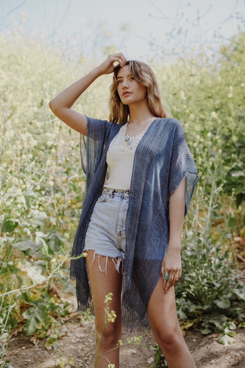 Pencil Stripe Lurex Trim Kimono-Soul Flow Apparel