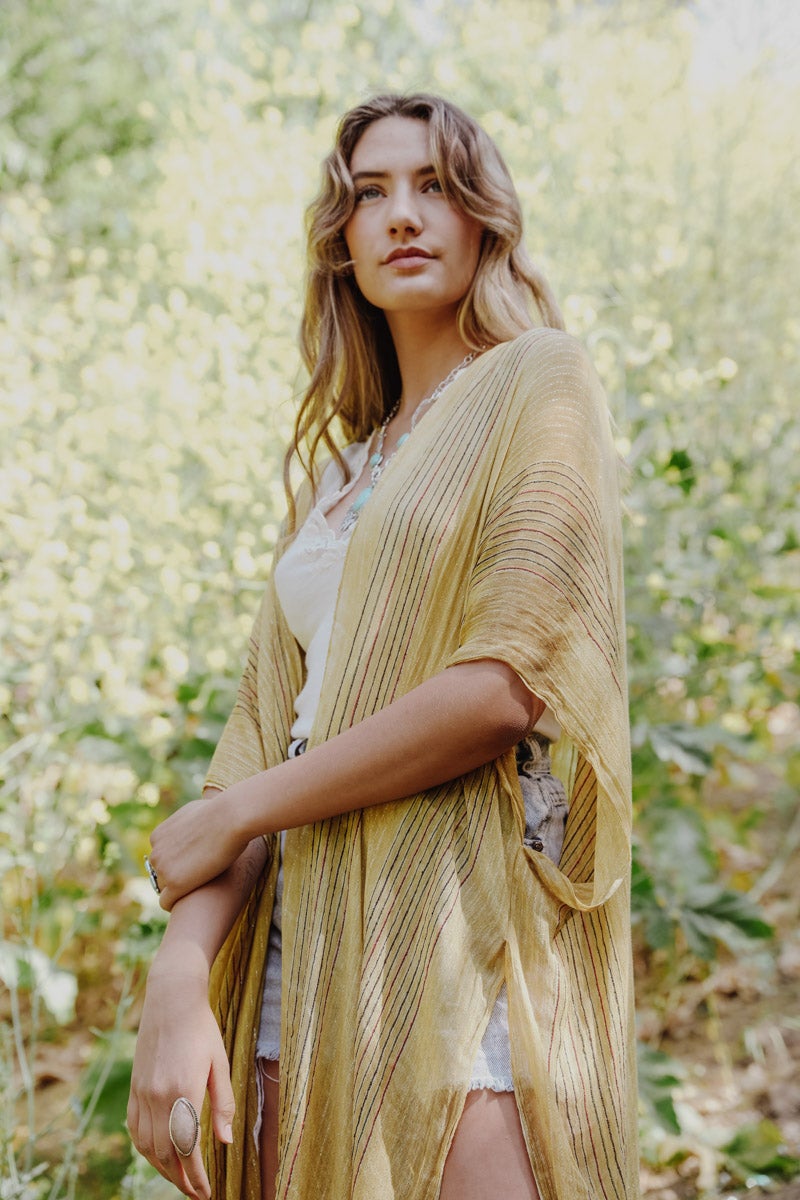 Pencil Stripe Lurex Trim Kimono-Soul Flow Apparel