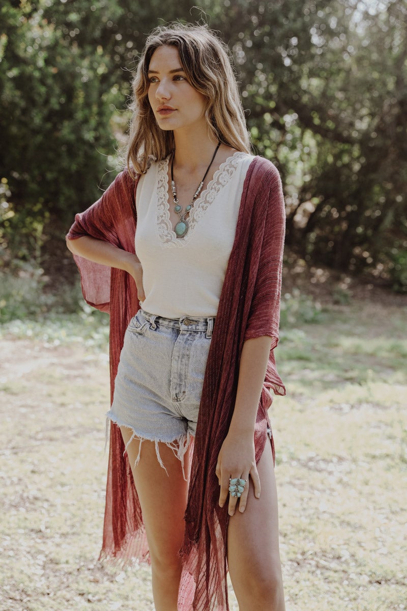Pencil Stripe Lurex Trim Kimono-Soul Flow Apparel