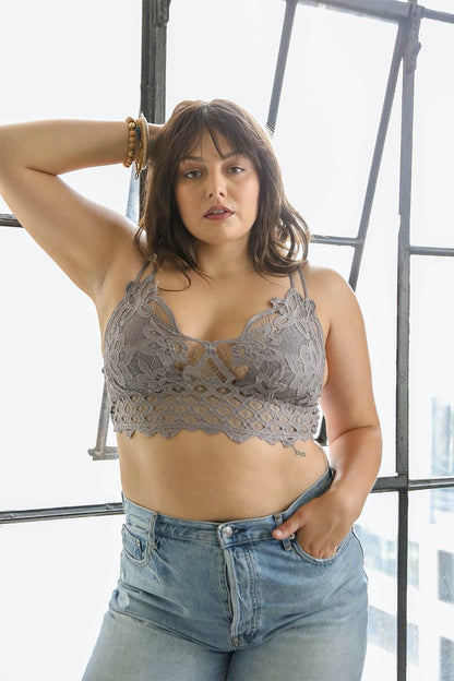 Plus size crochet bralette in gray with lace detailing and adjustable straps for comfortable wear