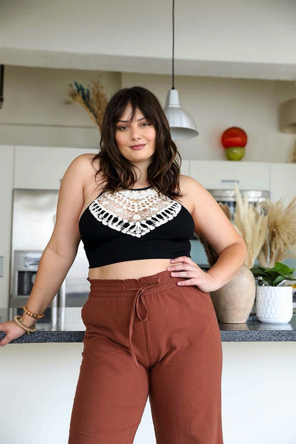 Plus size black high neck crochet bralette soft and lightweight.