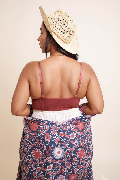 Leto Collection plus size lace brami with adjustable straps, styled with a floral coverup