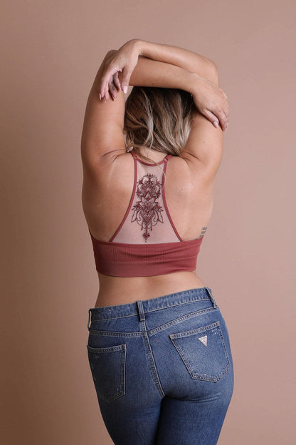 Plus size tattoo back bralette from Leto Collection in rust color showcasing tattoo-inspired design