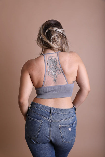 Gray plus size tattoo back bralette from Leto Collection with a stylish design