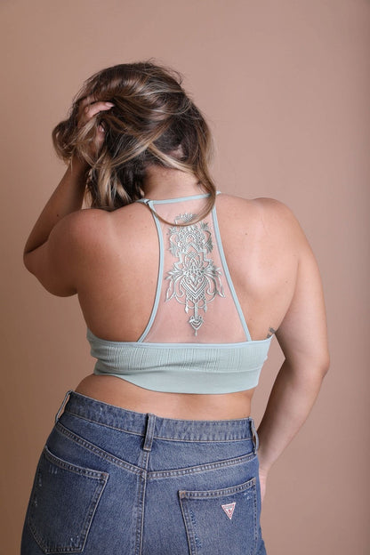 Light green plus size tattoo back bralette with intricate back design for comfortable style