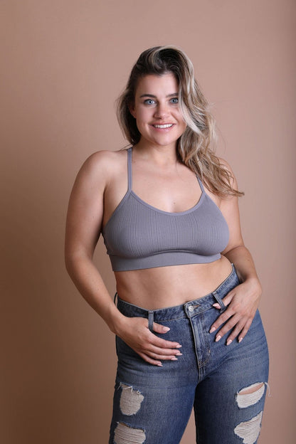 Leto Collection plus size tattoo back bralette in gray, designed for a comfortable fit and stylish look